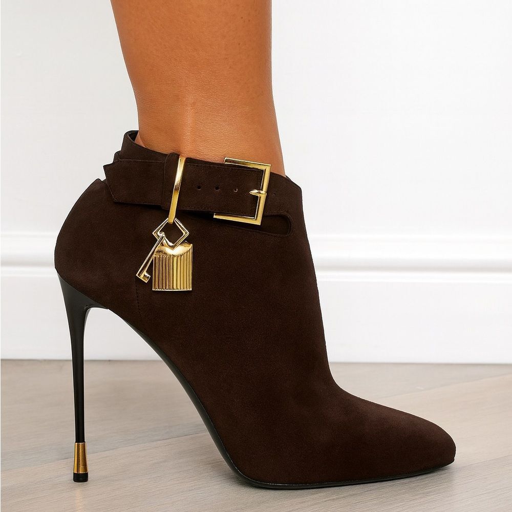 TOM FORD Brown Suede Almond Toe Padlock Ankle Strap Booties Size EU38.5